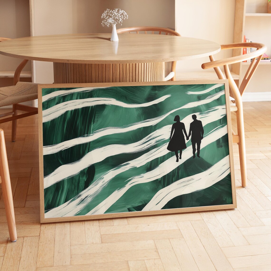 Couple Silhouette On Green Waves Romantic Modern Love Art Poster