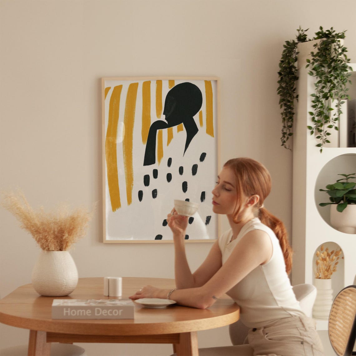 Modern Abstract Silhouette Art Print Minimalist Figure With Golden Stripes Neutral Decor Wall Art Dotted Robe Illustration Black White - Image 5