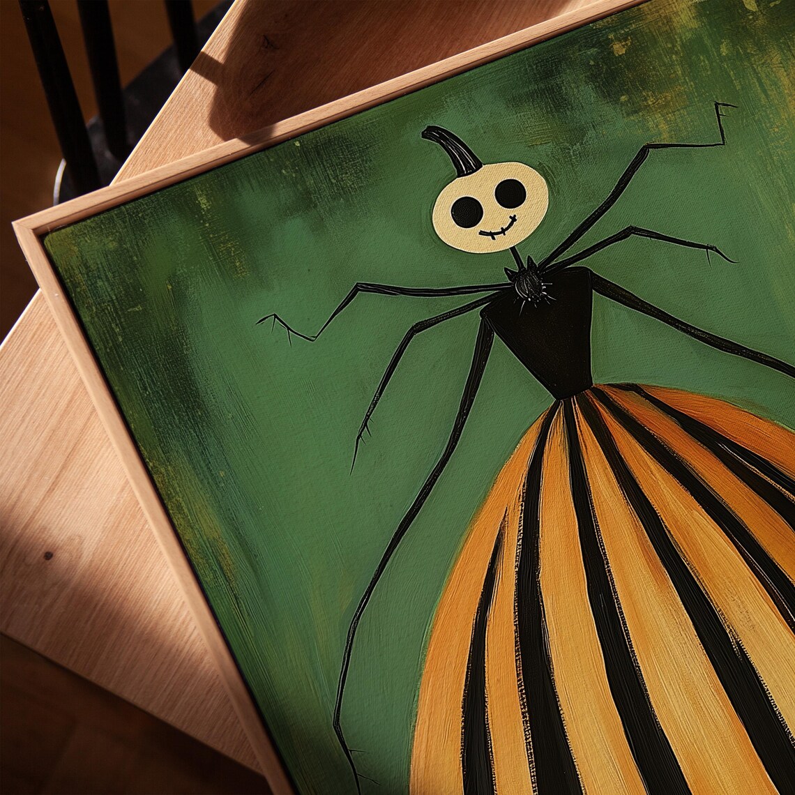 Quirky Striped Pumpkin Face Spider Lady Halloween Art Poster - Image 3