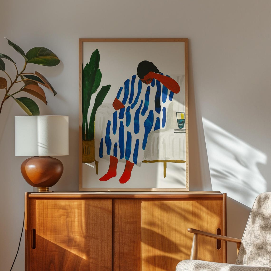 Bold Abstract Portrait Print Modern Blue And Red Art Minimalist Figure Wall Decor Boho Living Room Illustration Art - Image 3