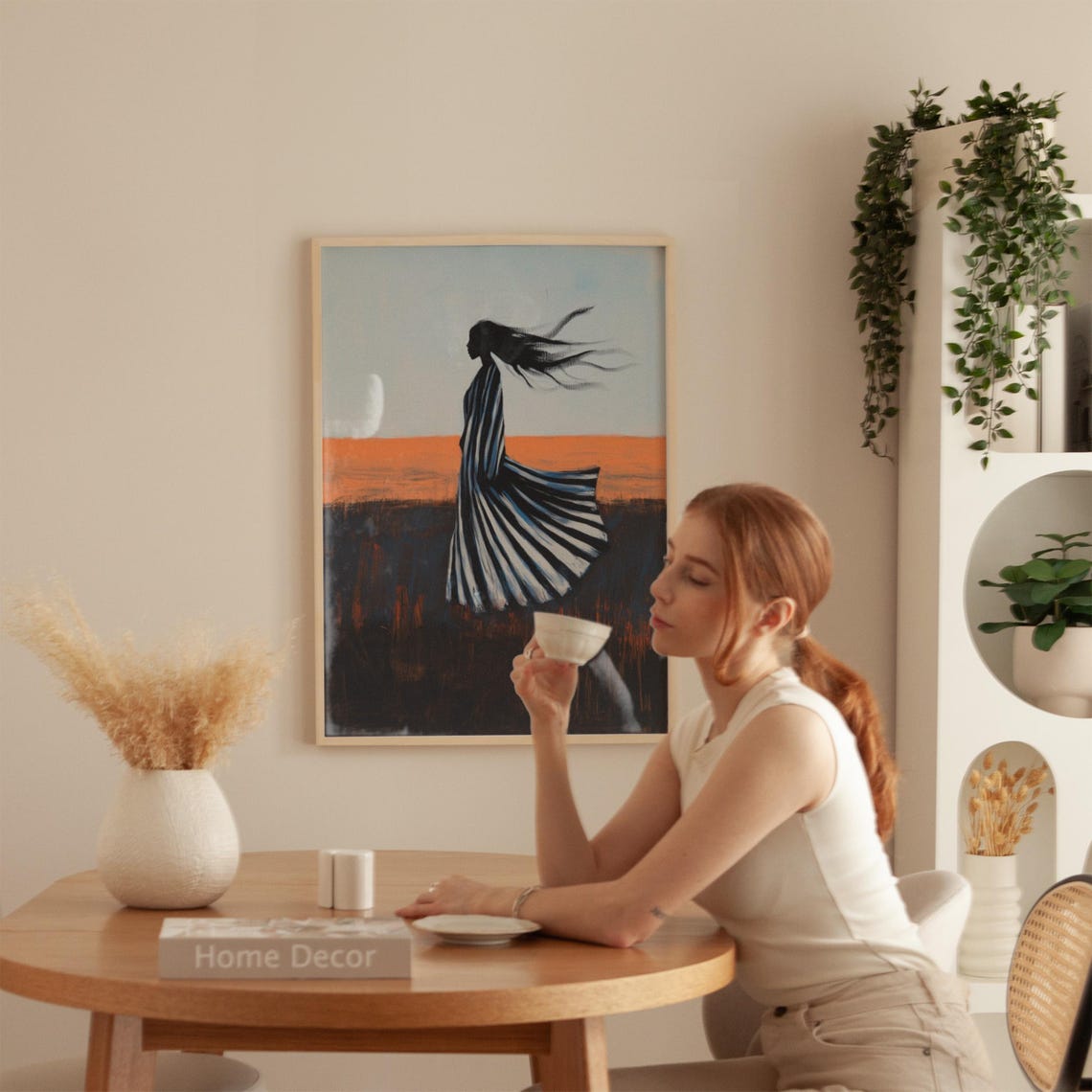 Striped Dress Woman Silhouette Orange Horizon Minimalist Poster - Image 4