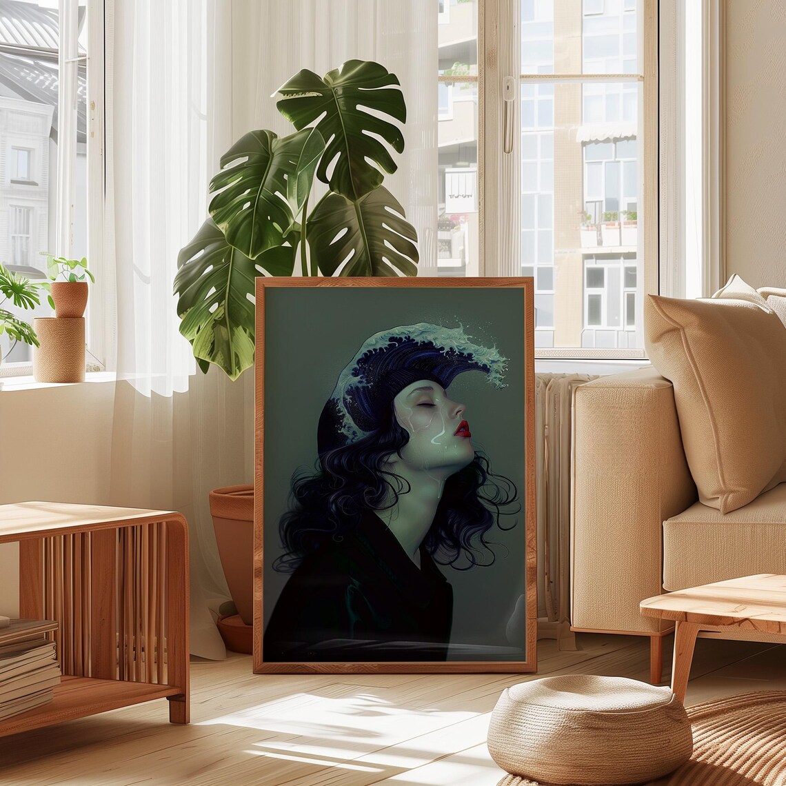 Surreal Woman Portrait With Crashing Ocean Wave In Dark Blue Poster - Image 4