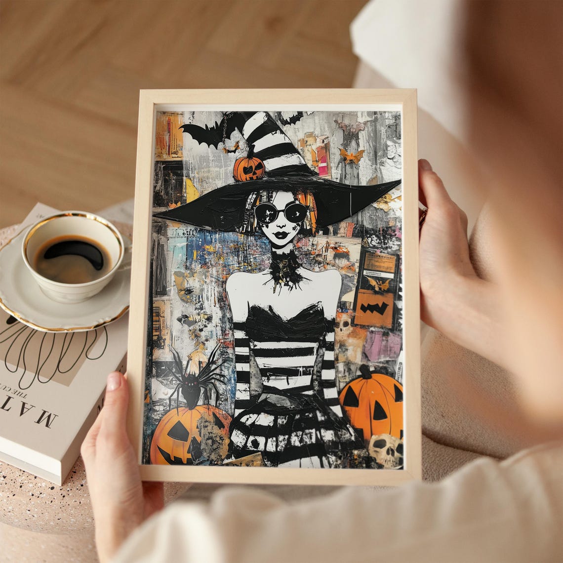 Gothic Witch With Sunglasses Orange Newspaper Collage Halloween Poster - Image 3
