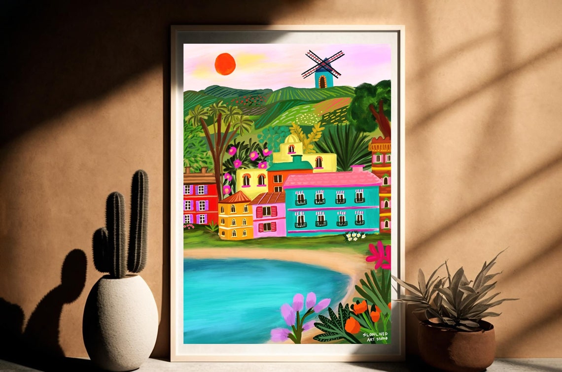 Colorful French Mediterranean Village Cove Windmill Hills Art Print