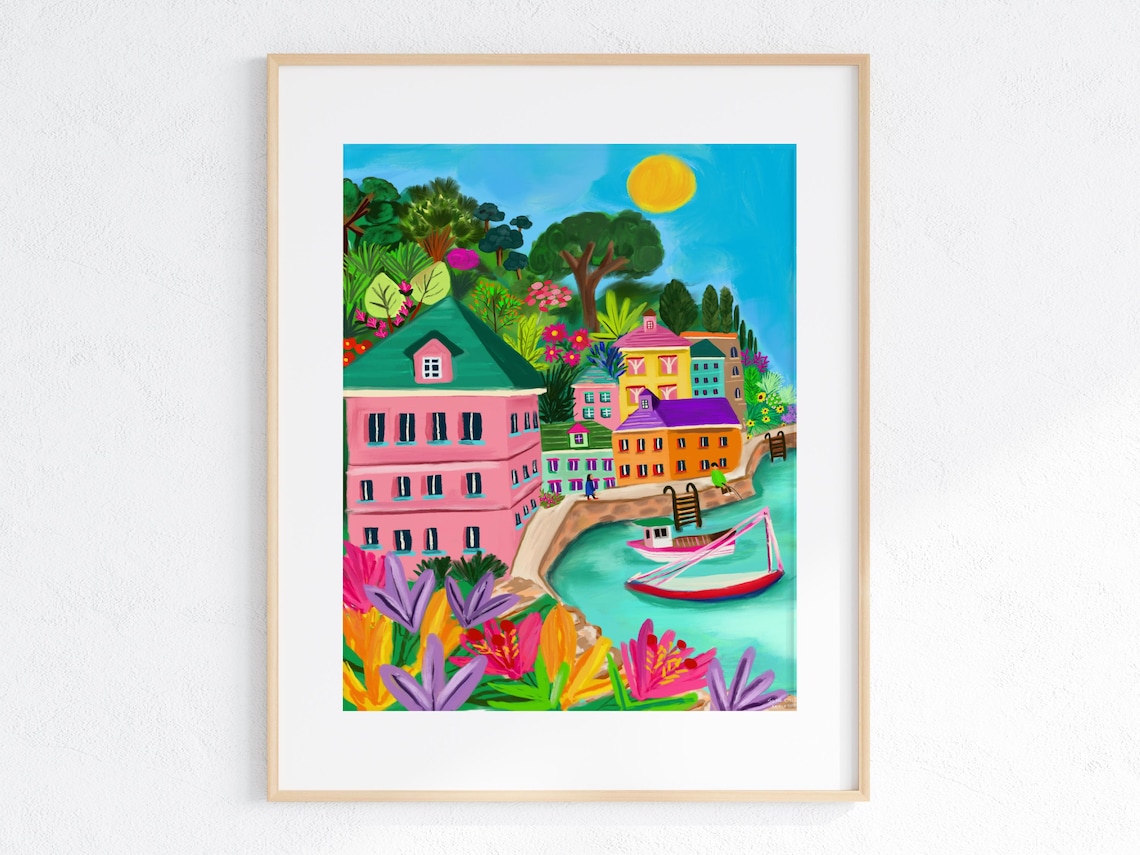 Colorful Fishing Village Harbor Boats Coastal Town Art Print