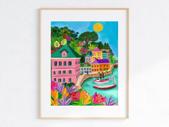 Colorful Fishing Village Harbor Boats Coastal Town Art Print