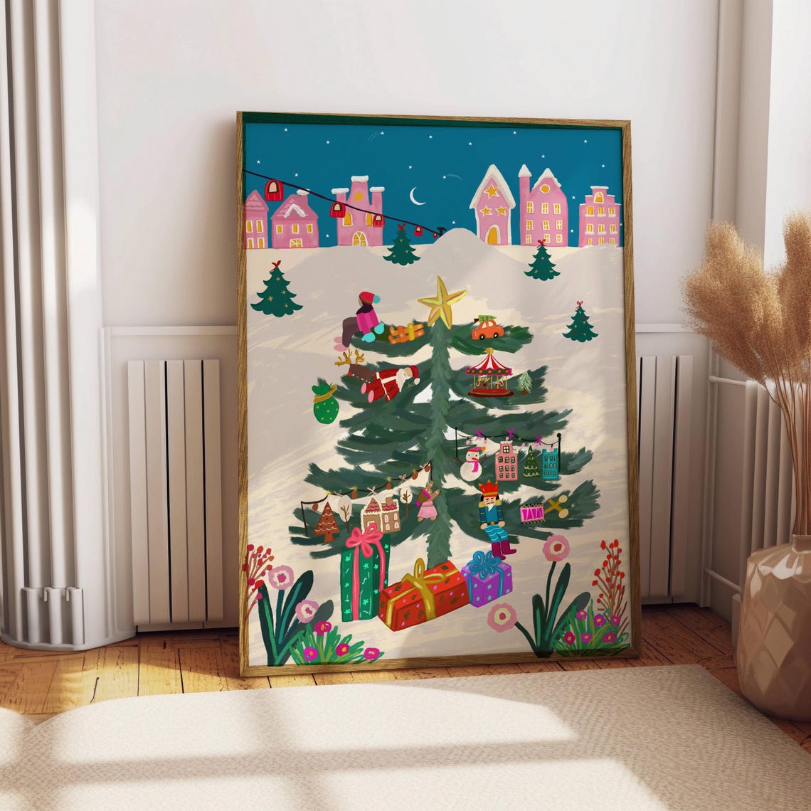 Whimsical Pink Christmas Tree Decorated Night Village Art Print