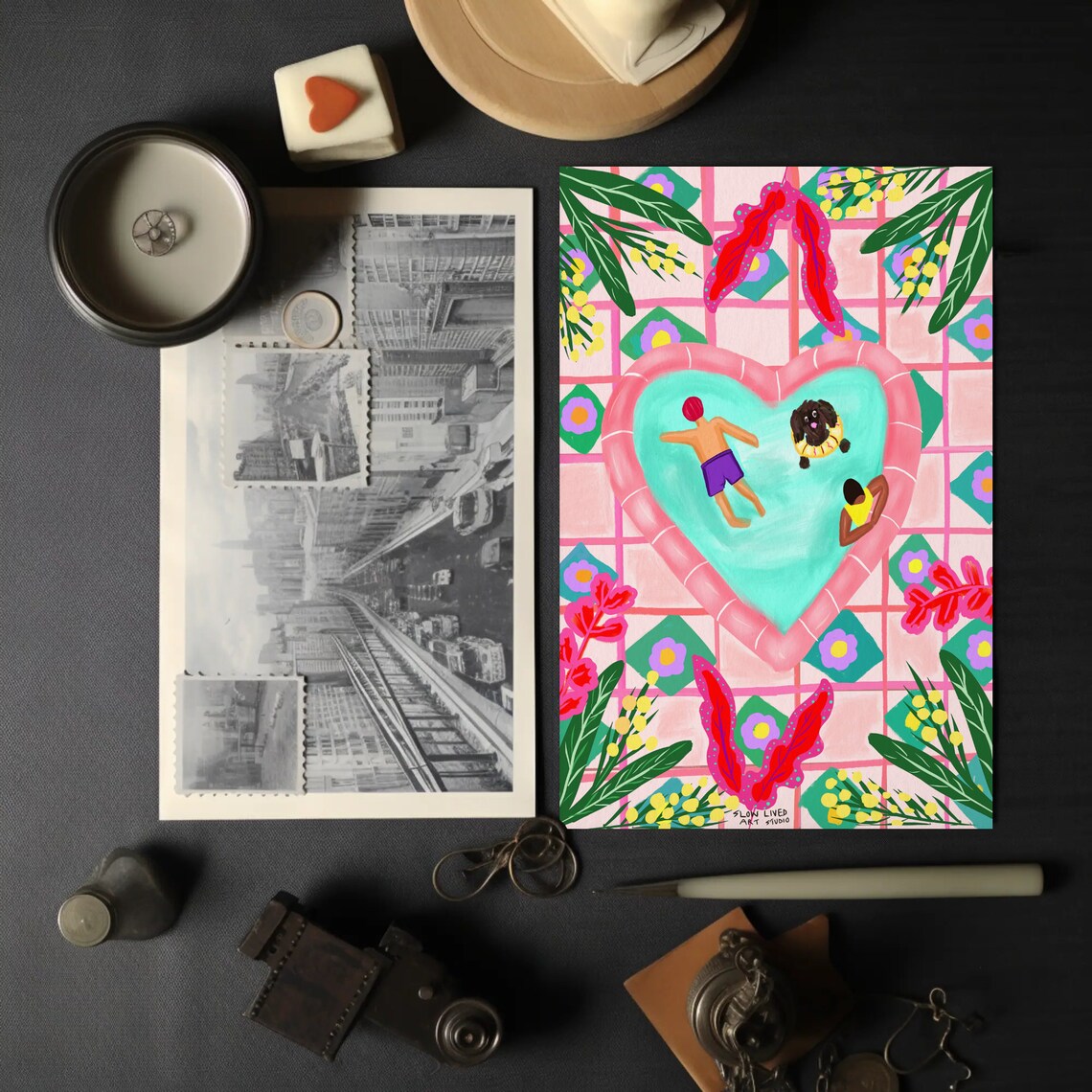 Whimsical Heart Shaped Pool Couple Dog Pink Aerial Art Poster - Image 2