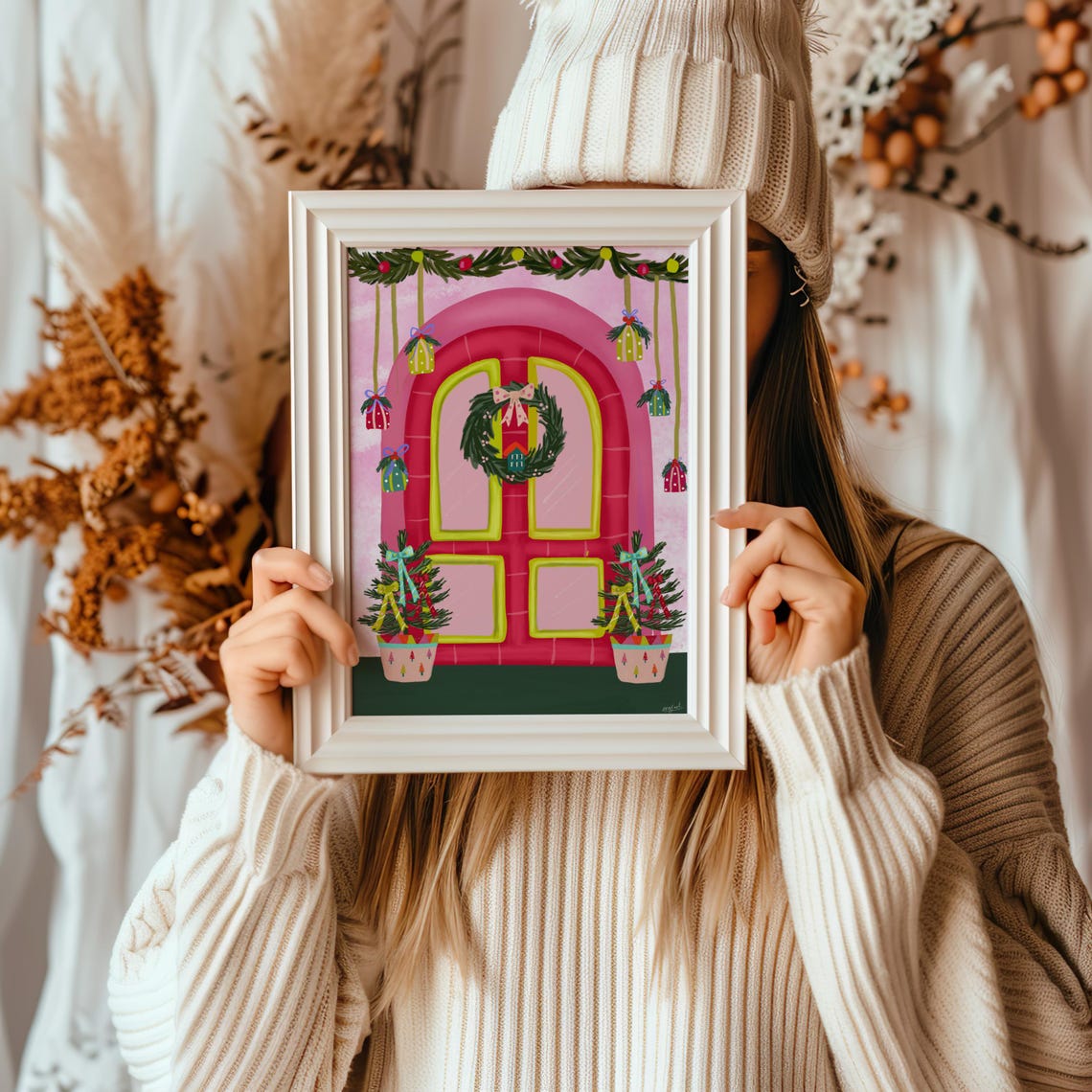 Pink Christmas Front Door Wreath Ornaments Girly Holiday Wall Art - Image 3