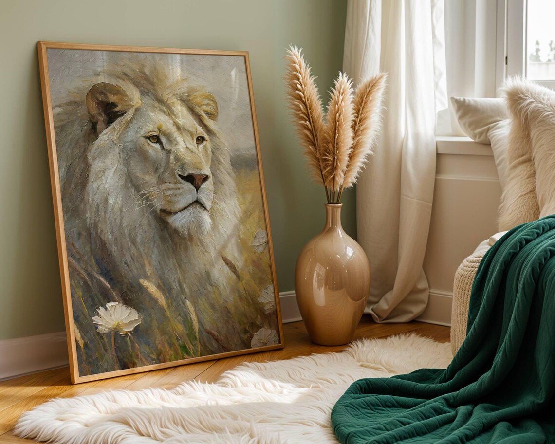 White Lion In Golden Wheat Field Textured Wildlife Oil Painting Poster - Image 4