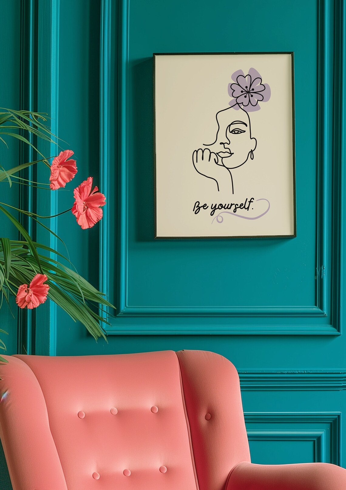 Be Yourself Minimalist Line Art Woman With Purple Flower Quote Poster - Image 3