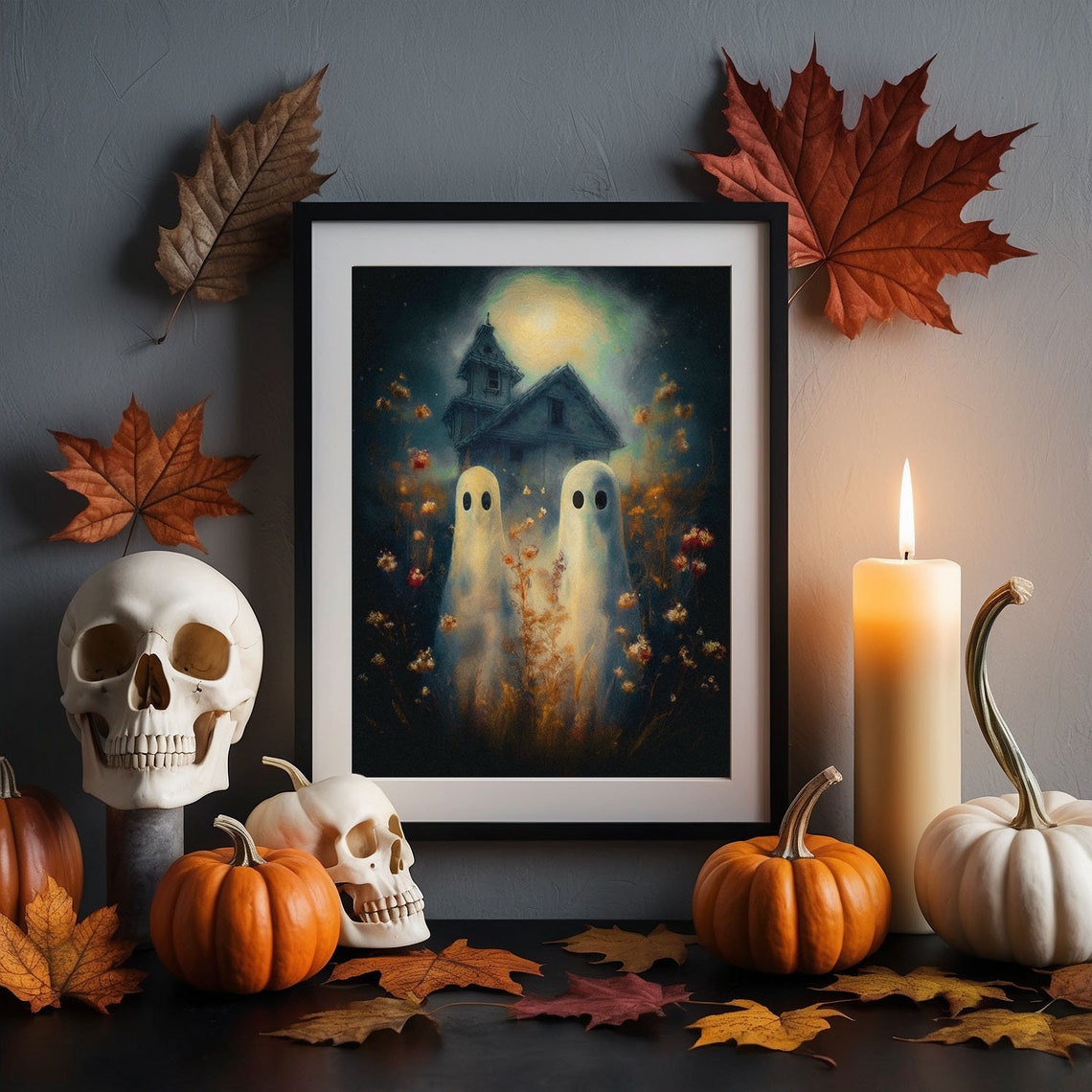 Two Ghosts In A Moonlit Haunted Meadow At Night Halloween Poster - Image 3