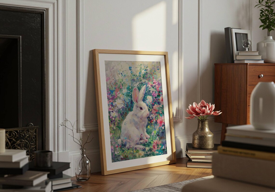 White Bunny In Spring Flower Garden Pastel Impressionist Animal Poster - Image 2