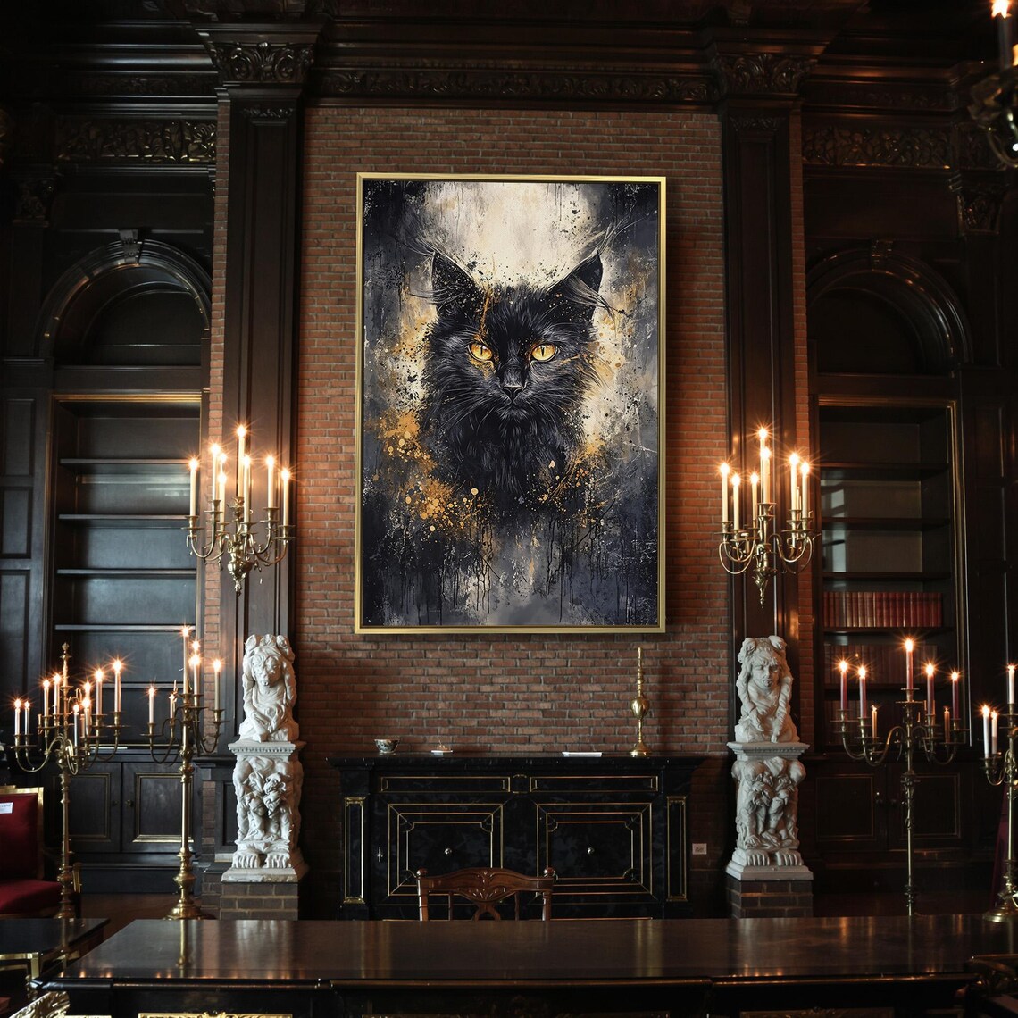 Black Cat Orange Eyes Dark Gold Abstract Dripping Paint Mystical Wall Poster - Image 2