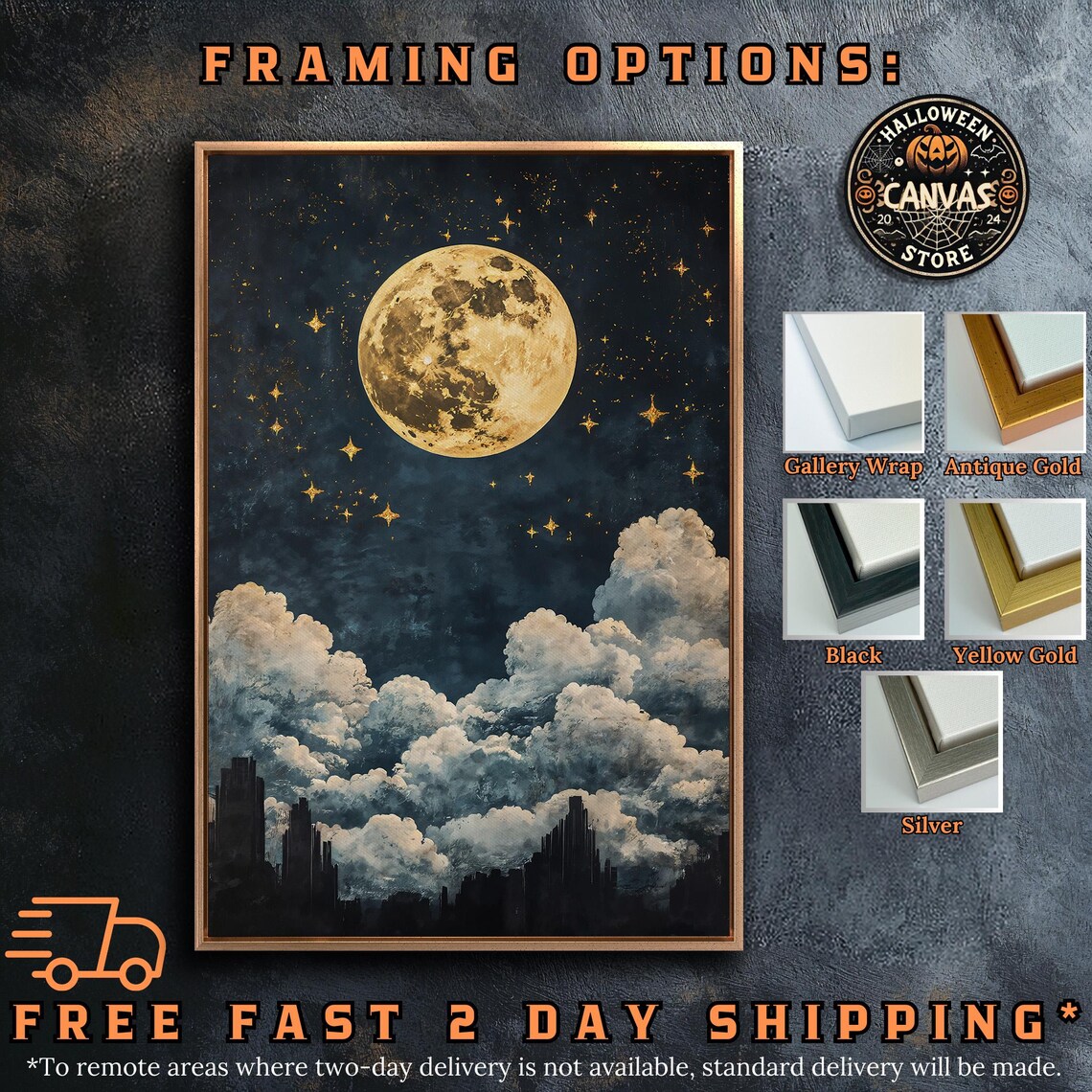 Full Golden Moon Over Clouds Dark City Silhouette Starry Night Urban Wall Poster - Image 5