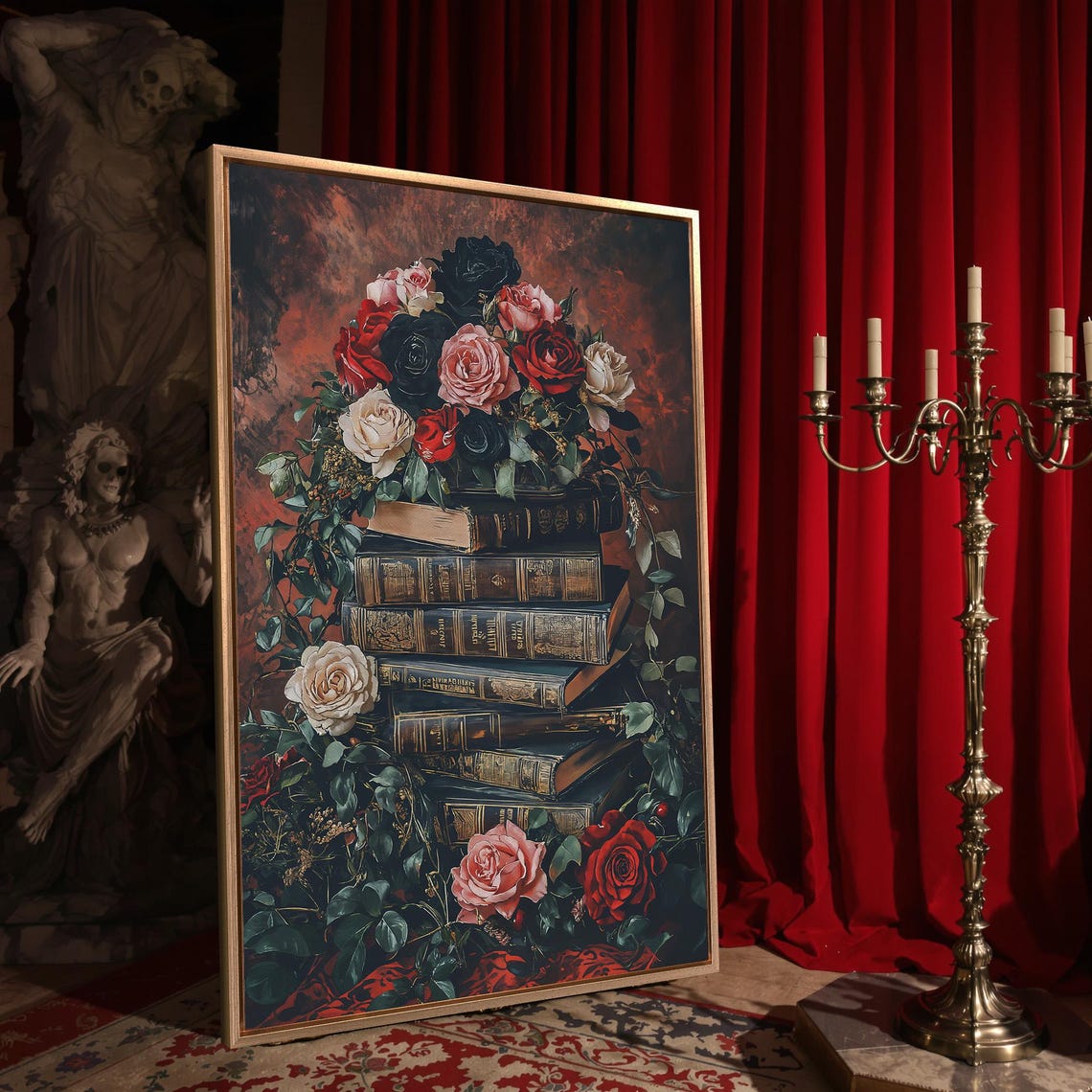 Vintage Book Stack Roses Romantic Dark Floral Gothic Library Art Print