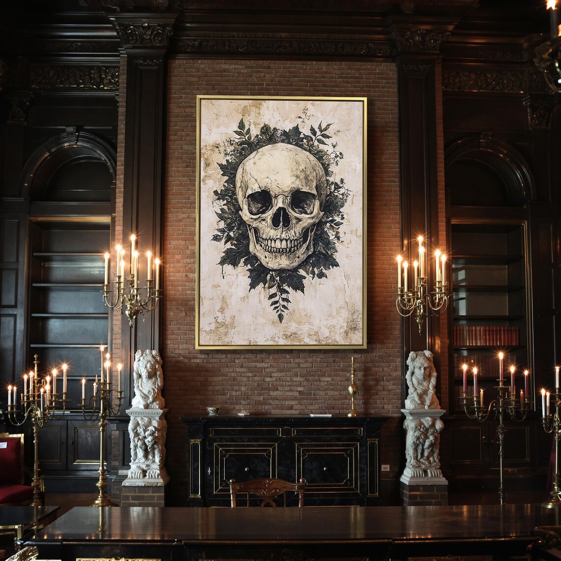 Gothic Skull Dark Leaves Memento Mori Vintage Style Spooky Botanical Wall Poster - Image 2