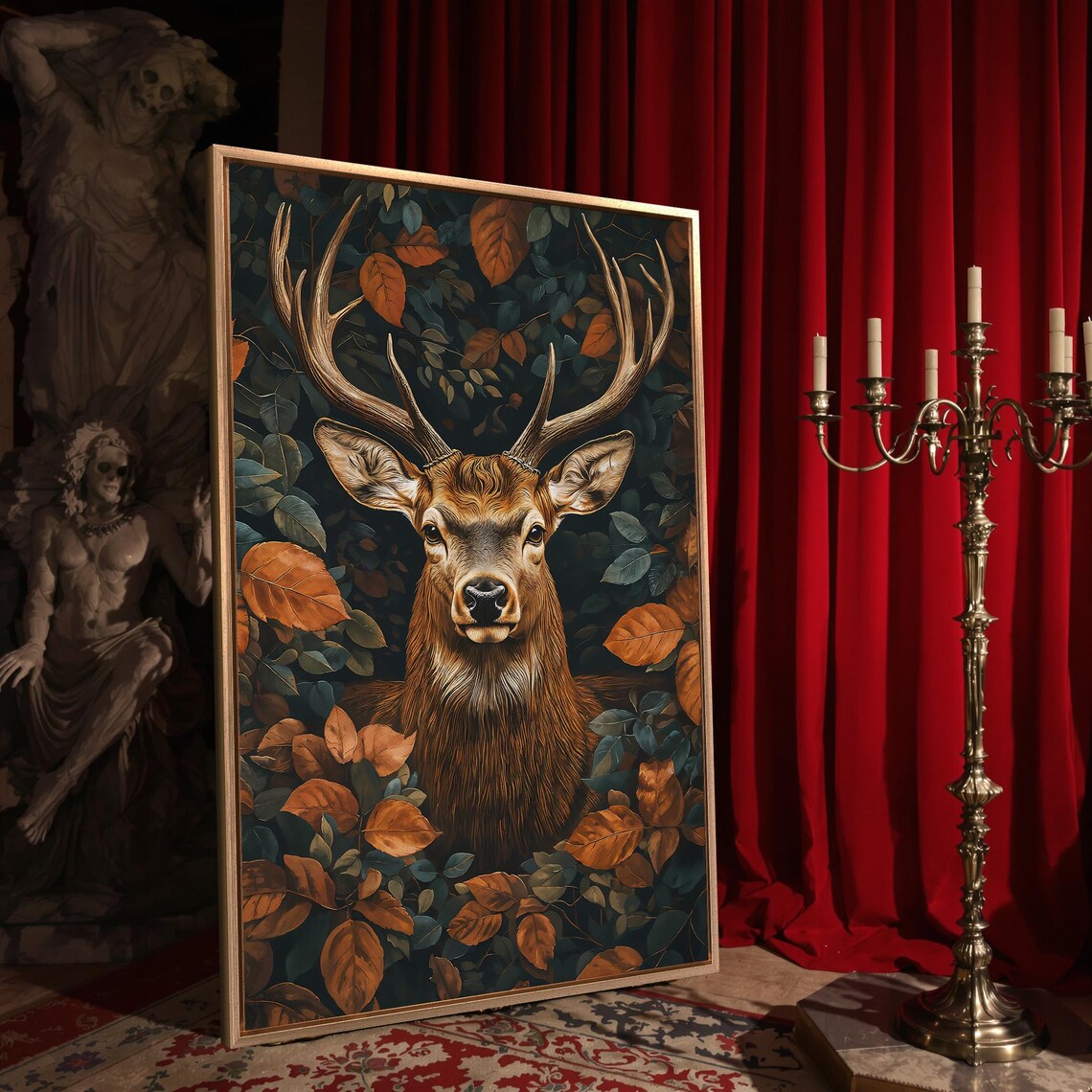 Majestic Stag Among Dense Teal And Orange Autumn Foliage Wall Poster