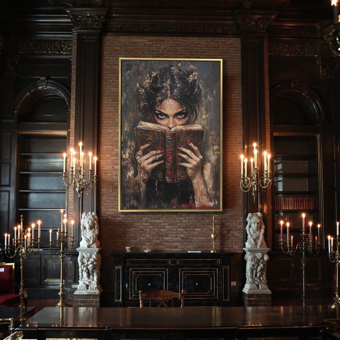 Intense Woman Eyes Over Open Leather Book Dark Gothic Reader Portrait Wall Art - Image 2