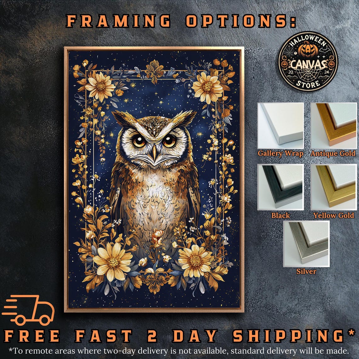 Great Horned Owl With Golden Flowers Starry Night Botanical Art Poster - Image 5
