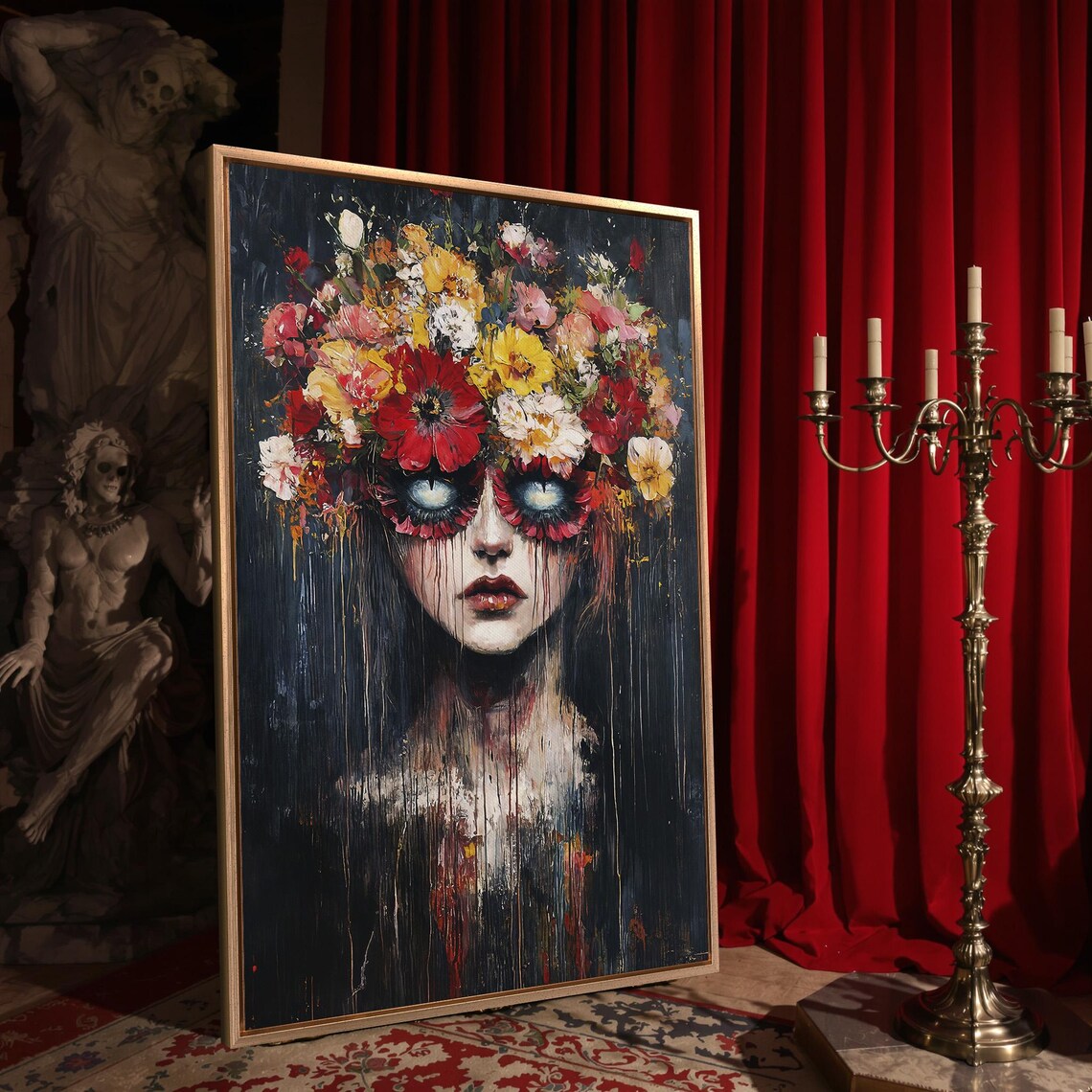 Surreal Floral Woman Portrait Glowing Eyes Dark Gothic Surrealism Wall Art - Image 4