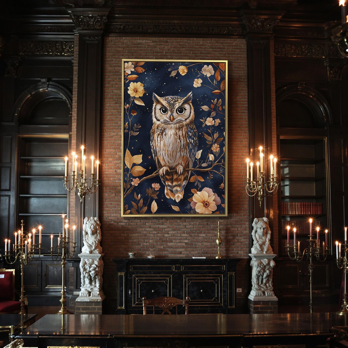 Cute Owl With Big Eyes On Branch Among Golden Flowers Night Sky Poster - Image 2