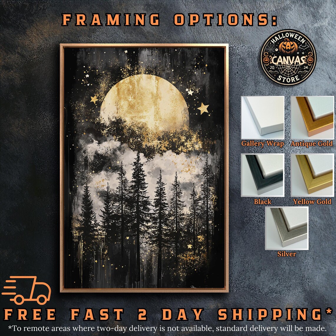Full Golden Moon Stars Pine Forest Night Sky Dark Enchanted Wall Art Poster - Image 5