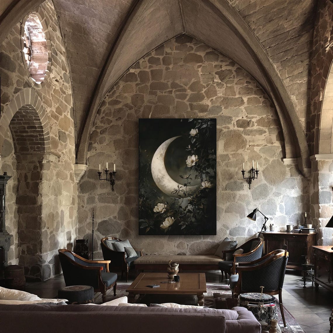 White Crescent Moon Among Dark Roses Celestial Gothic Night Sky Poster - Image 3