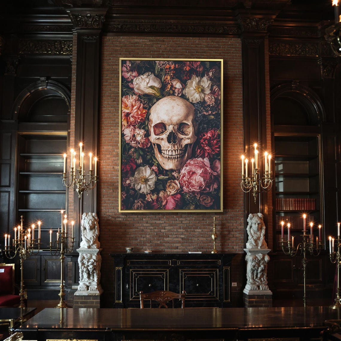 Skull Among Blooming Peonies Dark Floral Gothic Macabre Style Poster - Image 2