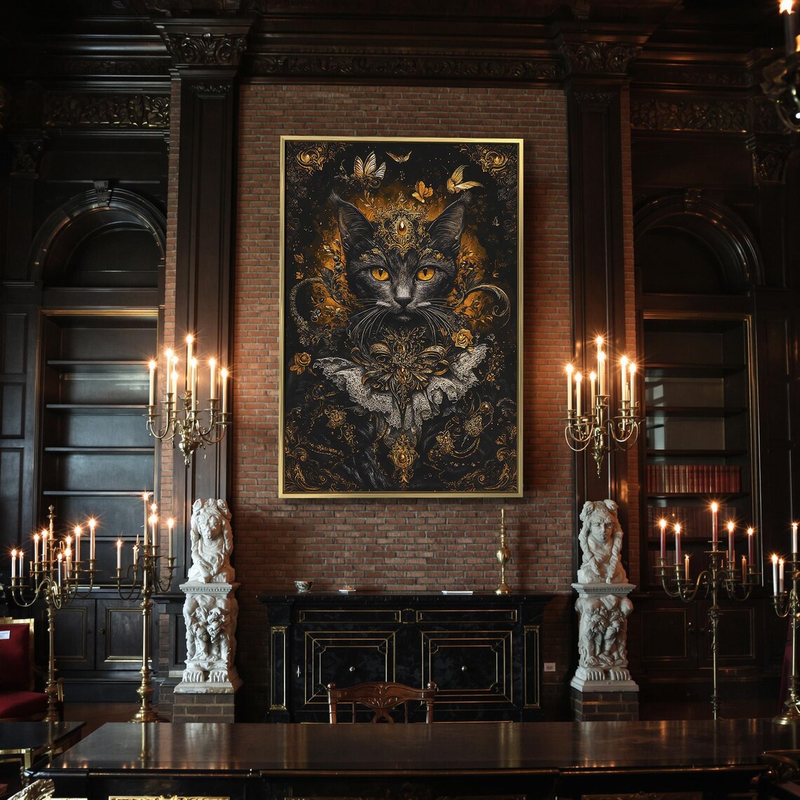 Ornate Black Cat Golden Baroque Crown Amber Eyes Gothic Art Poster - Image 2