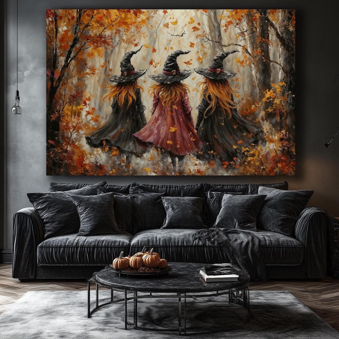 Three Witches Walking Autumn Forest Orange Leaves Witchy Halloween Wall Poster - Image 4