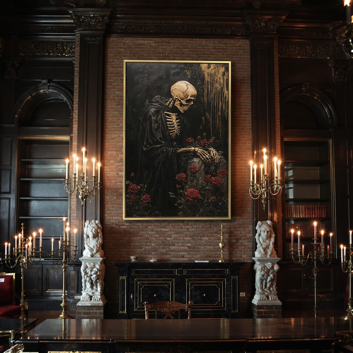Grim Reaper Skeleton Leaning on Tombstone With Red Roses Poster - Image 2