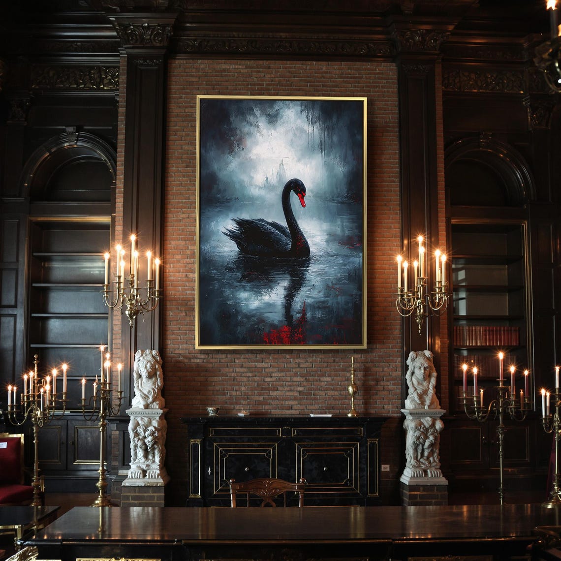 Black Swan On Misty Lake With Red Accents Gothic Dramatic Poster - Image 2