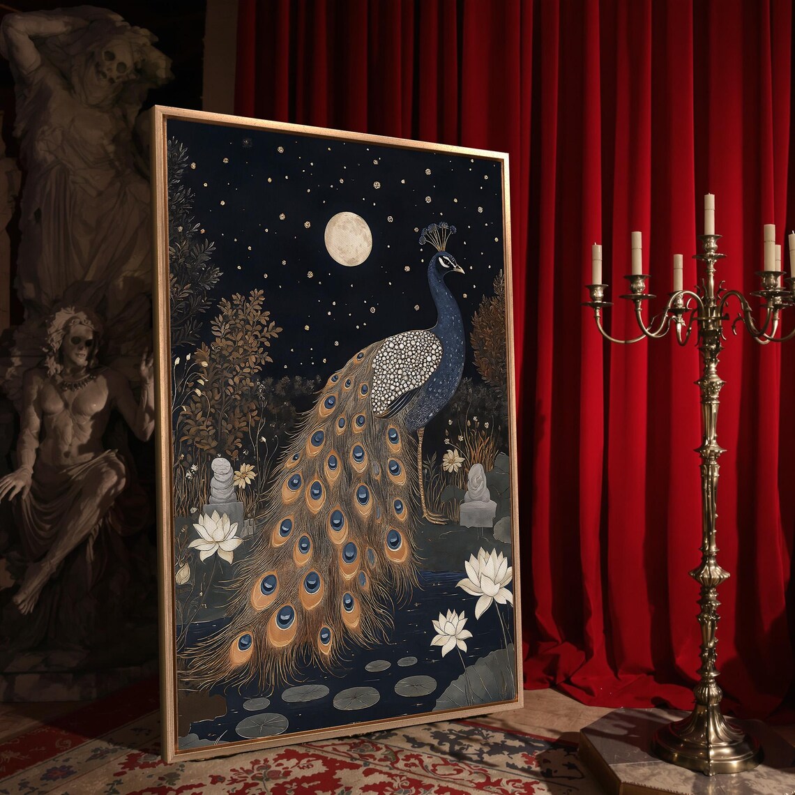 Peacock Under Full Moon Starry Night Lotus Pond Dark Botanical Wall Art - Image 4