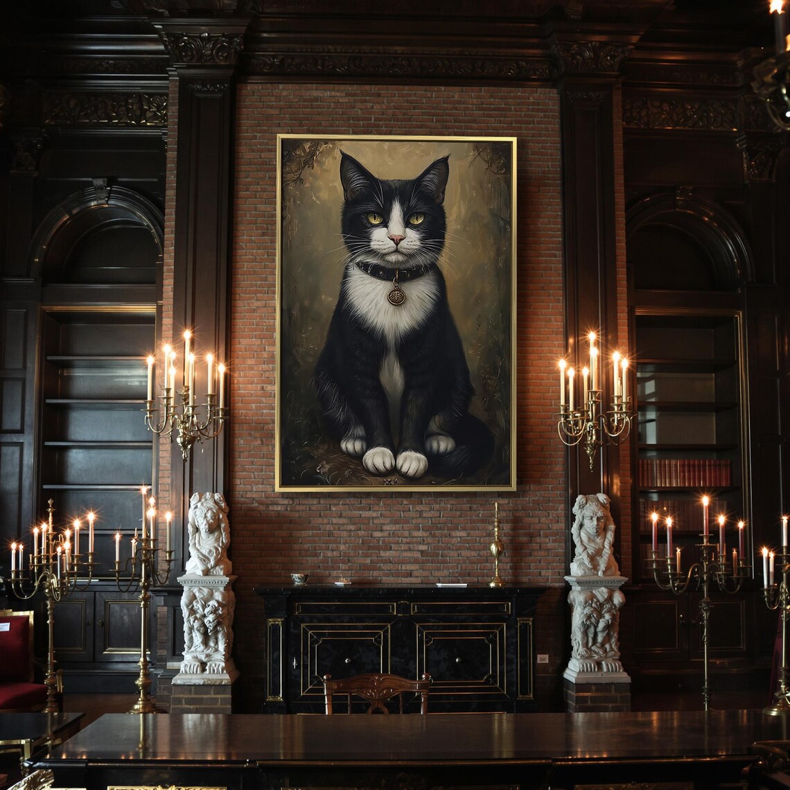 Tuxedo Cat Portrait With Green Eyes Vintage Style Painting Poster - Image 2