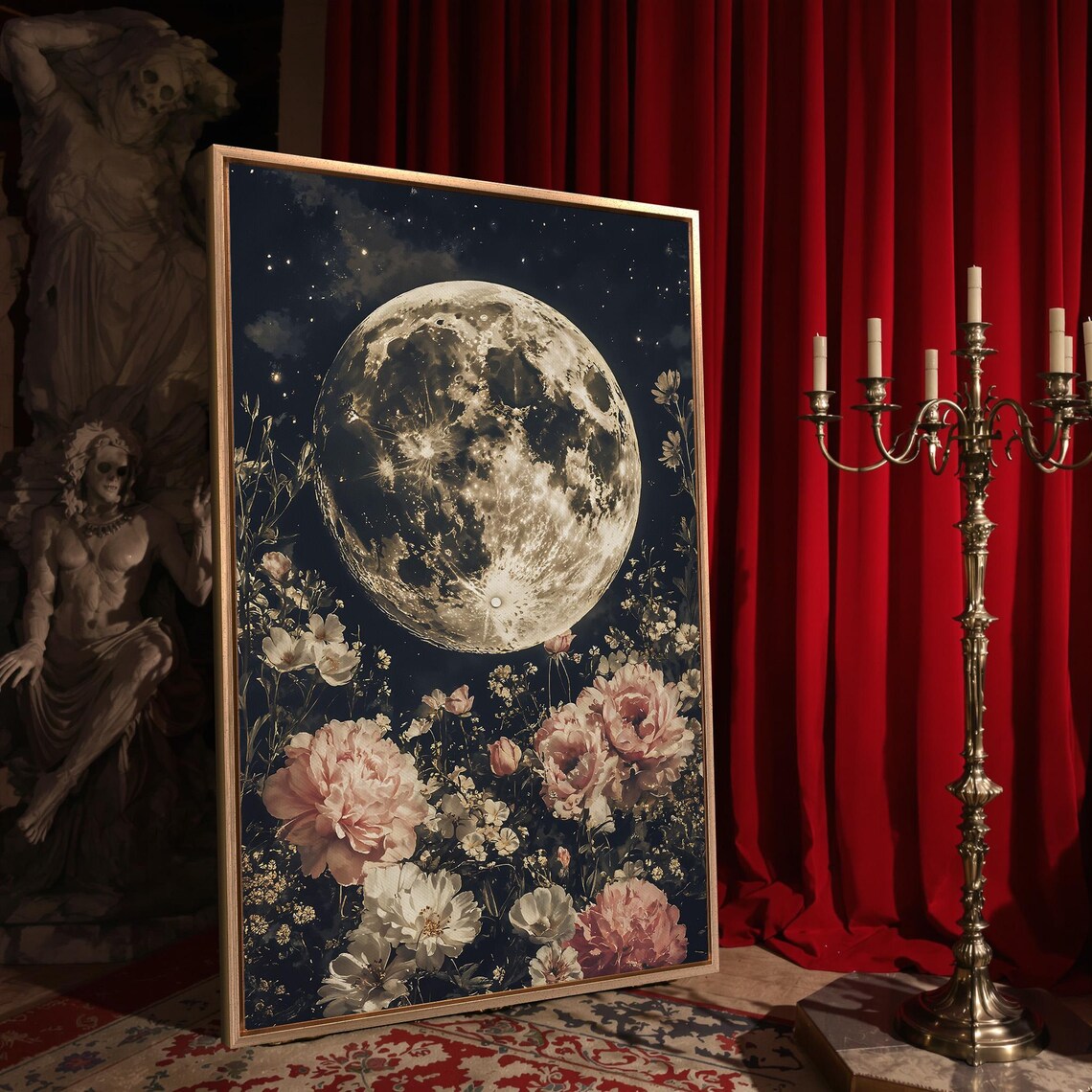 Full Moon Starry Night Pink Peonies Wildflowers Dark Romantic Floral Poster - Image 4