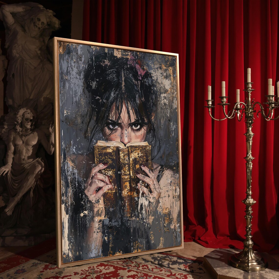 Girl Reading Antique Book Intense Gaze Dark Grungy Gothic Literature Wall Art - Image 4
