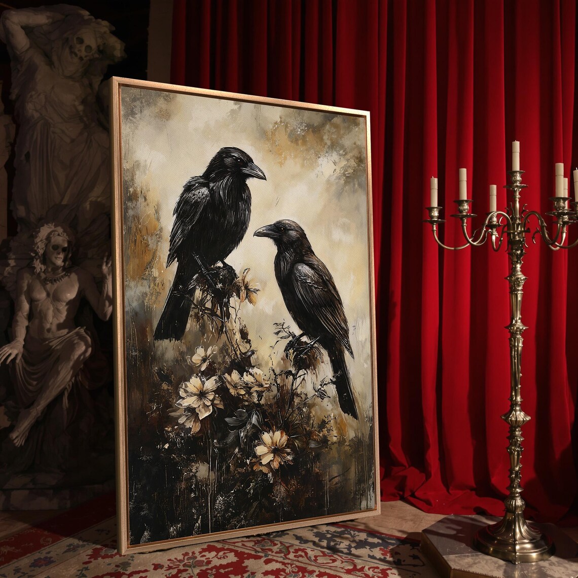 Two Black Ravens Dried Flowers Moody Sepia Gothic Bird Dark Cottagecore Poster - Image 4