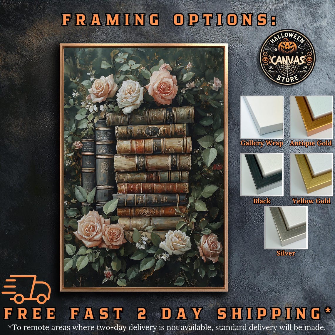 Vintage Book Stack Blush Roses Green Foliage Library Art Poster - Image 5
