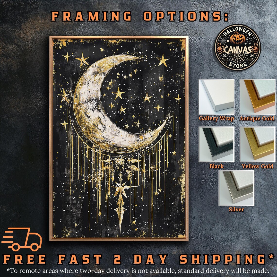Crescent Moon Dripping Gold Stars Gothic Celestial Black Night Wall Art Poster - Image 5