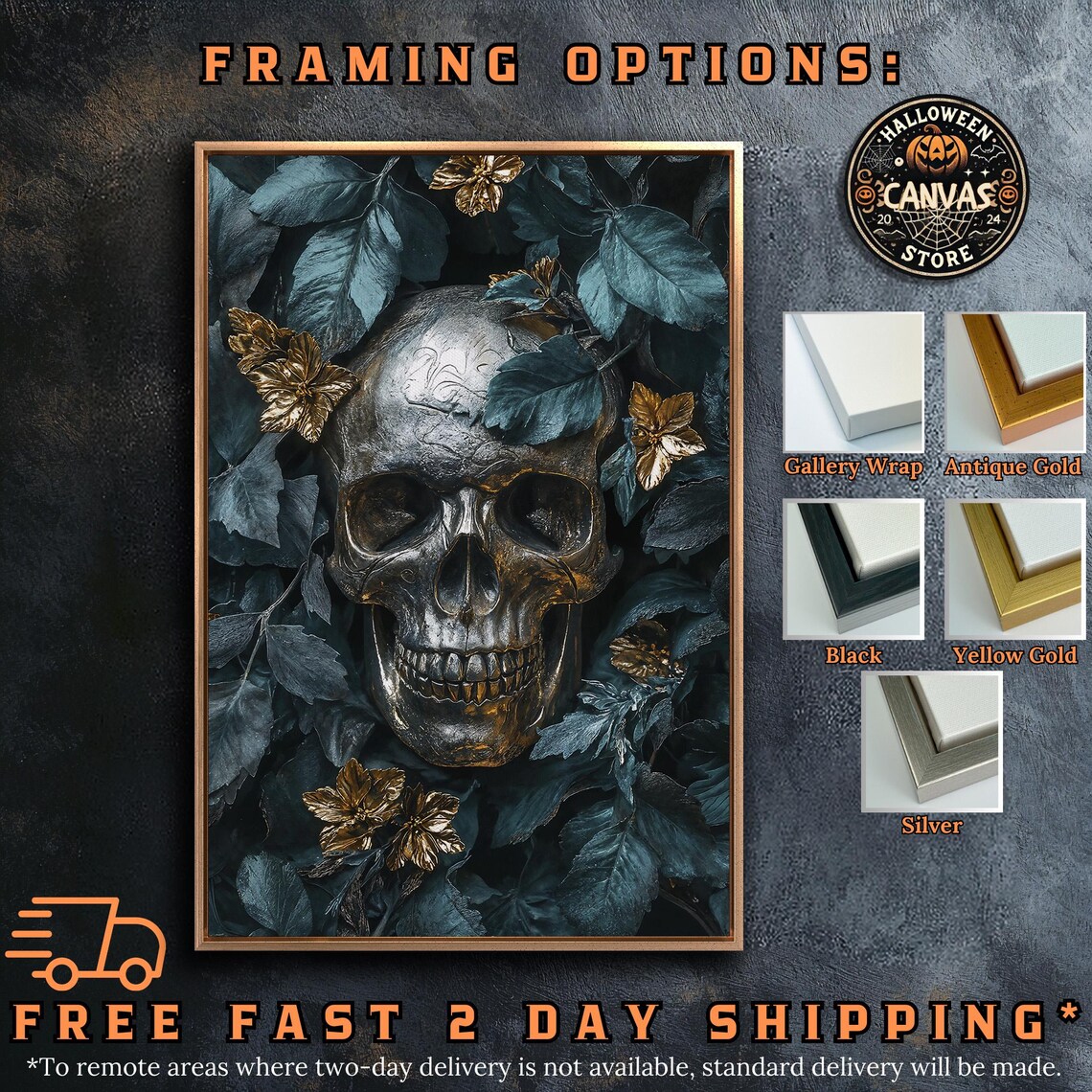 Metallic Skull Teal Leaves Gold Flowers Gothic Memento Mori Dark Wall Art - Image 5