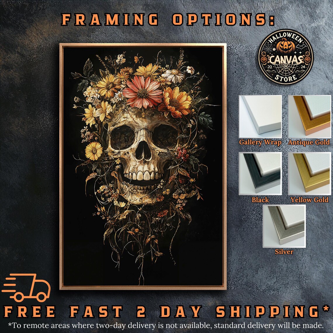 Floral Skull Crowned With Golden Yellow Wildflowers Dark Art Poster - Image 5