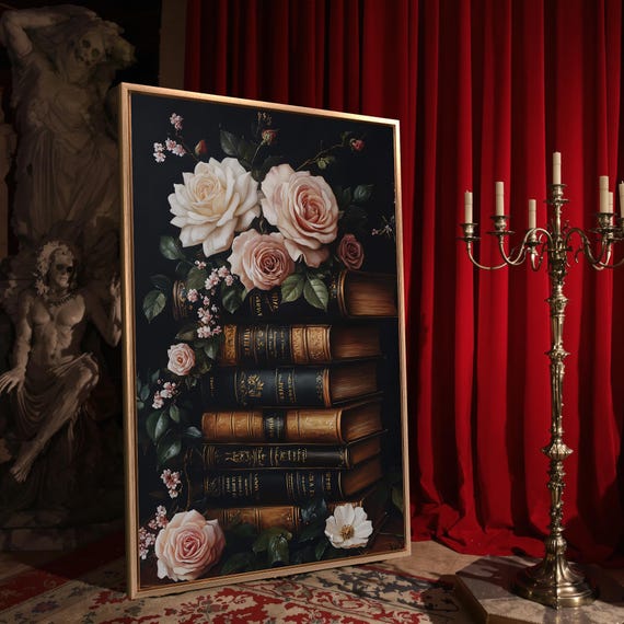 Vintage Book Stack In Flowers Print Classic Home Library Decor Elegant Floral Dark Botanical Poster Ready To Hang Framed Wall Art