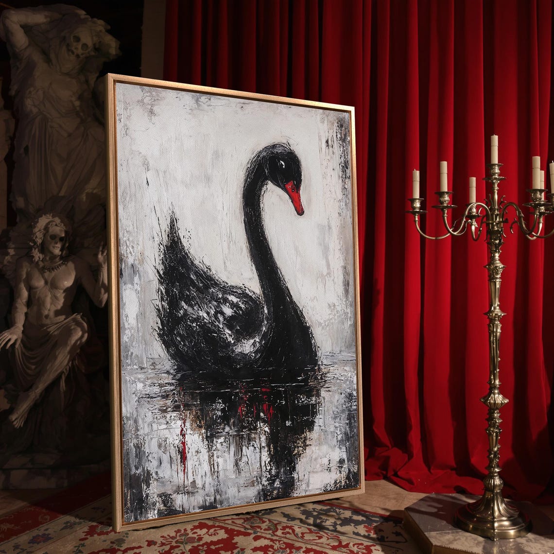 Black Swan With Red Beak Abstract Light Gray Water Art Poster - Image 4