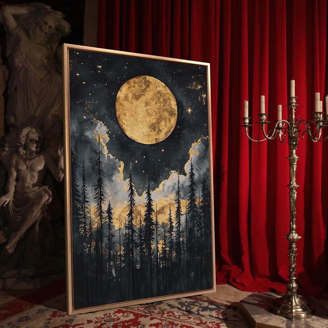 Golden Full Moon Tall Pine Forest Starry Night Dark Clouds Mystical Wall Poster - Image 5