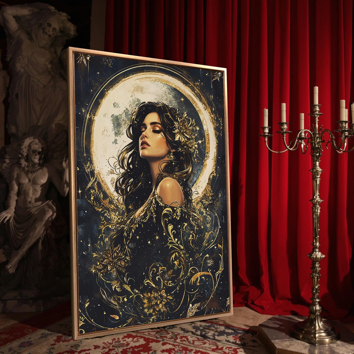 Celestial Goddess Full Moon Halo Flowing Hair Black Gold Mystical Wall Art - Image 4