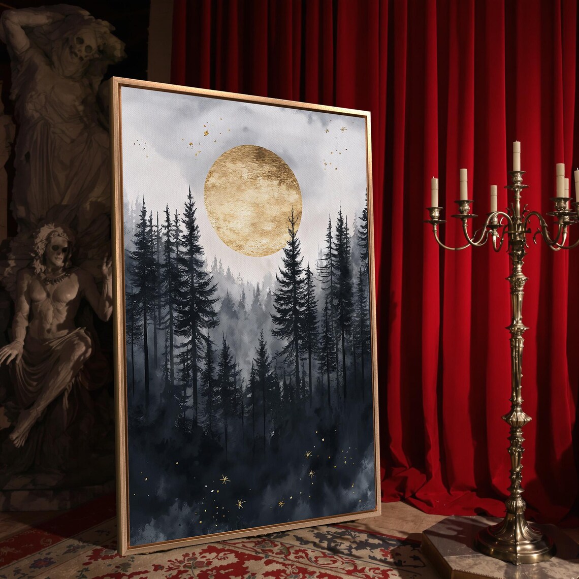 Golden Moon Over Misty Dark Pine Forest Foggy Night Art Poster - Image 4