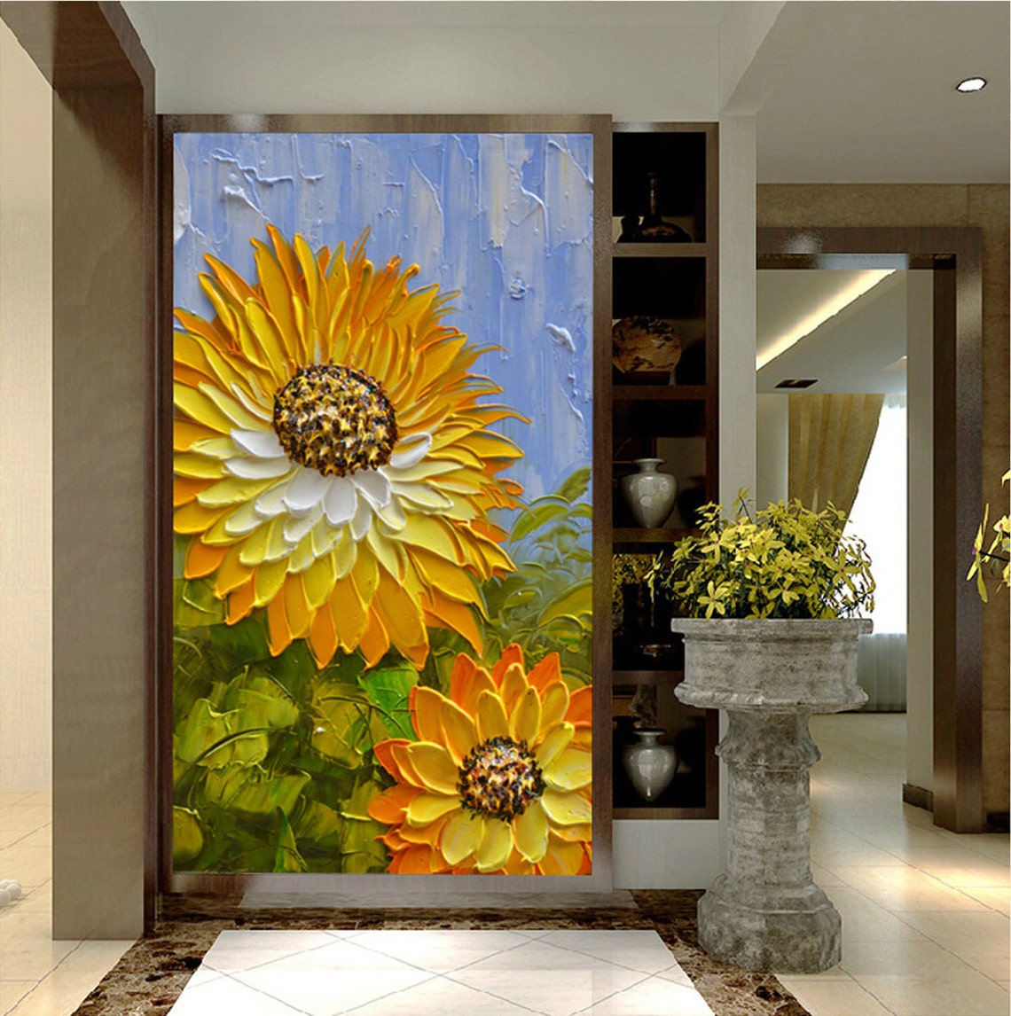 Yellow Sunflower Impasto Oil Painting On Blue Sky Background Poster - Image 3