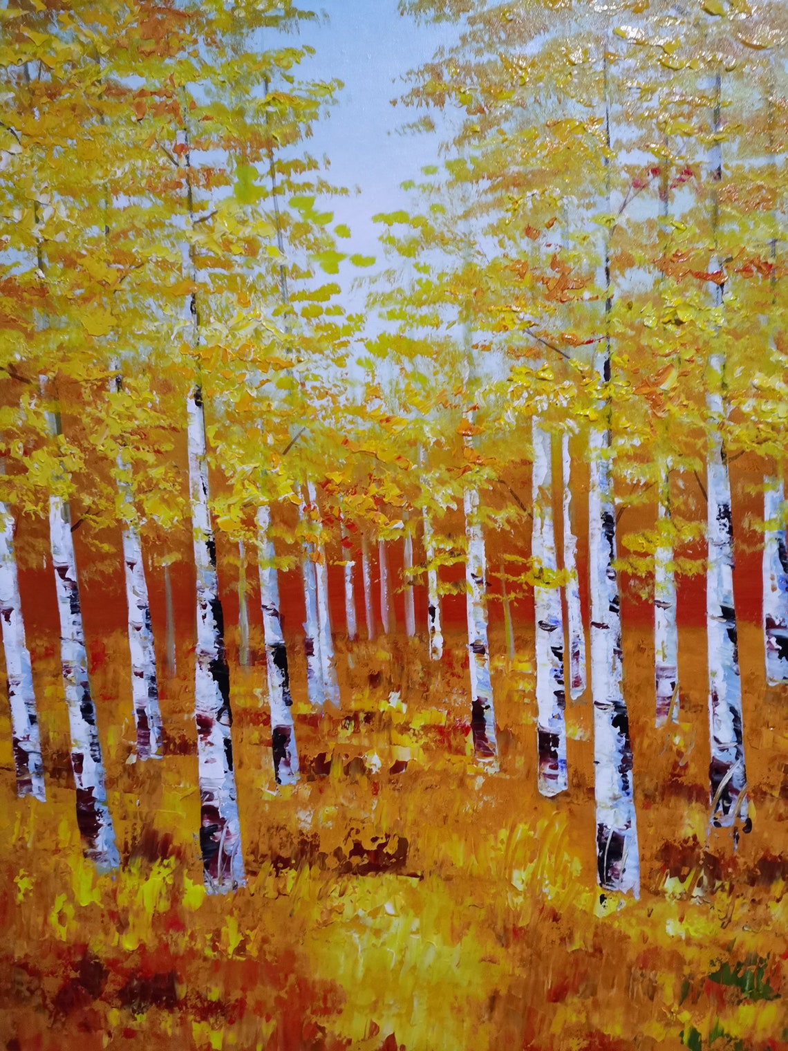 Golden Yellow Birch Forest With White Trunks Autumn Oil Poster - Image 2