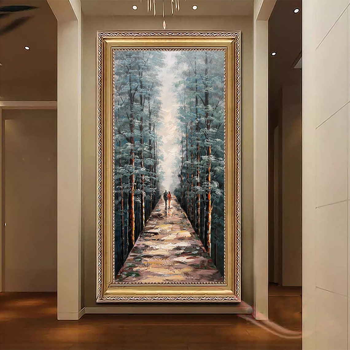 Couple Walking Forest Path Tall Trees Impasto Oil Painting Wall Art - Image 3
